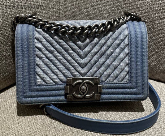 Chanel Leboy Chain Shoulder Bag Blue Silver Women Classic Fashion