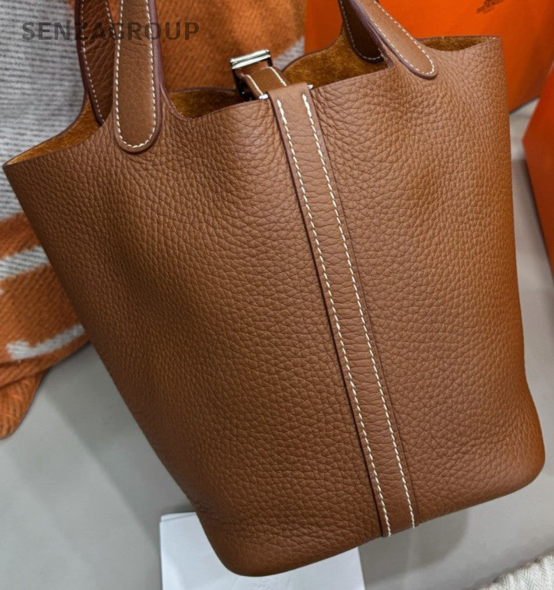 Hermes Picotin Lock Silver Hardware Tote Shoulder Bag Brown Used Women Classic