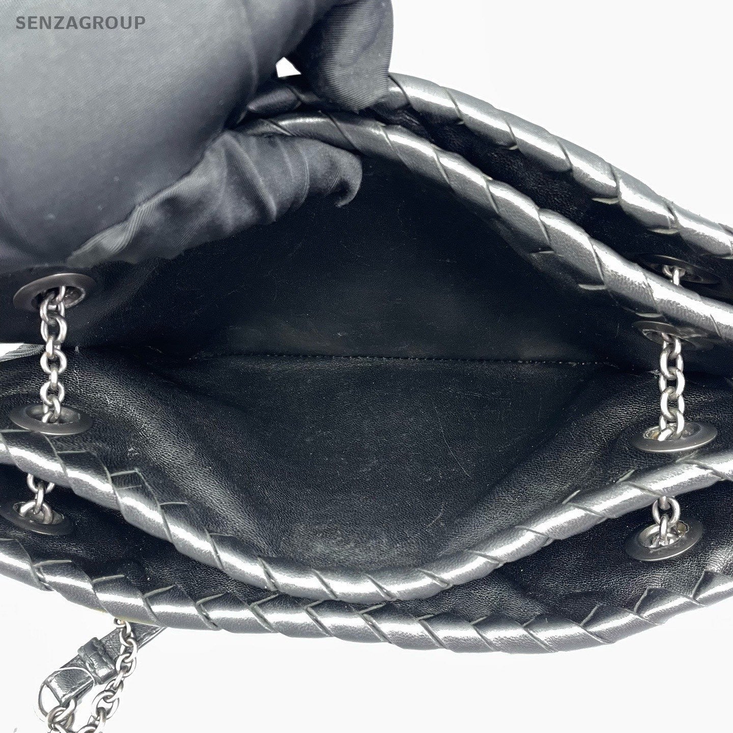 Bottega Veneta Roma Intrecciato Chain Shoulder Bag Black Silver Women Classic