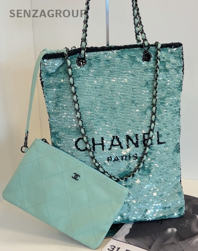 Chanel 24S Tote Chain Shoulder Bag Green Black  Women Classic