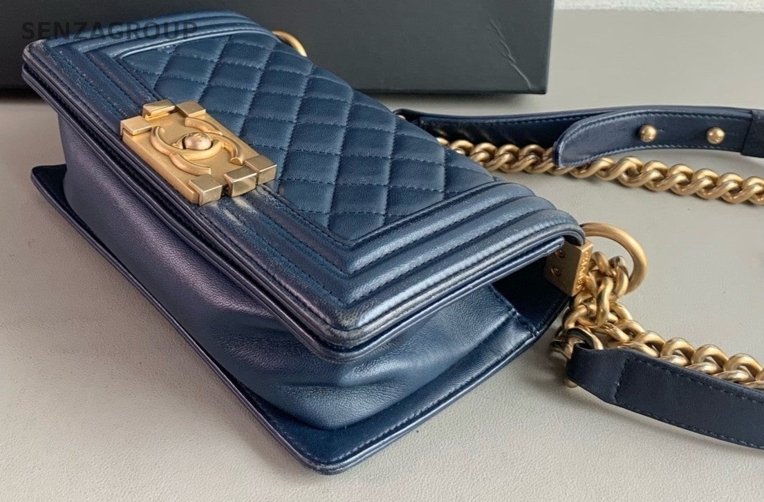 Chanel Le Boy PM Lambskin Chain Shoulder Crossbody Bag Navy Blue Women