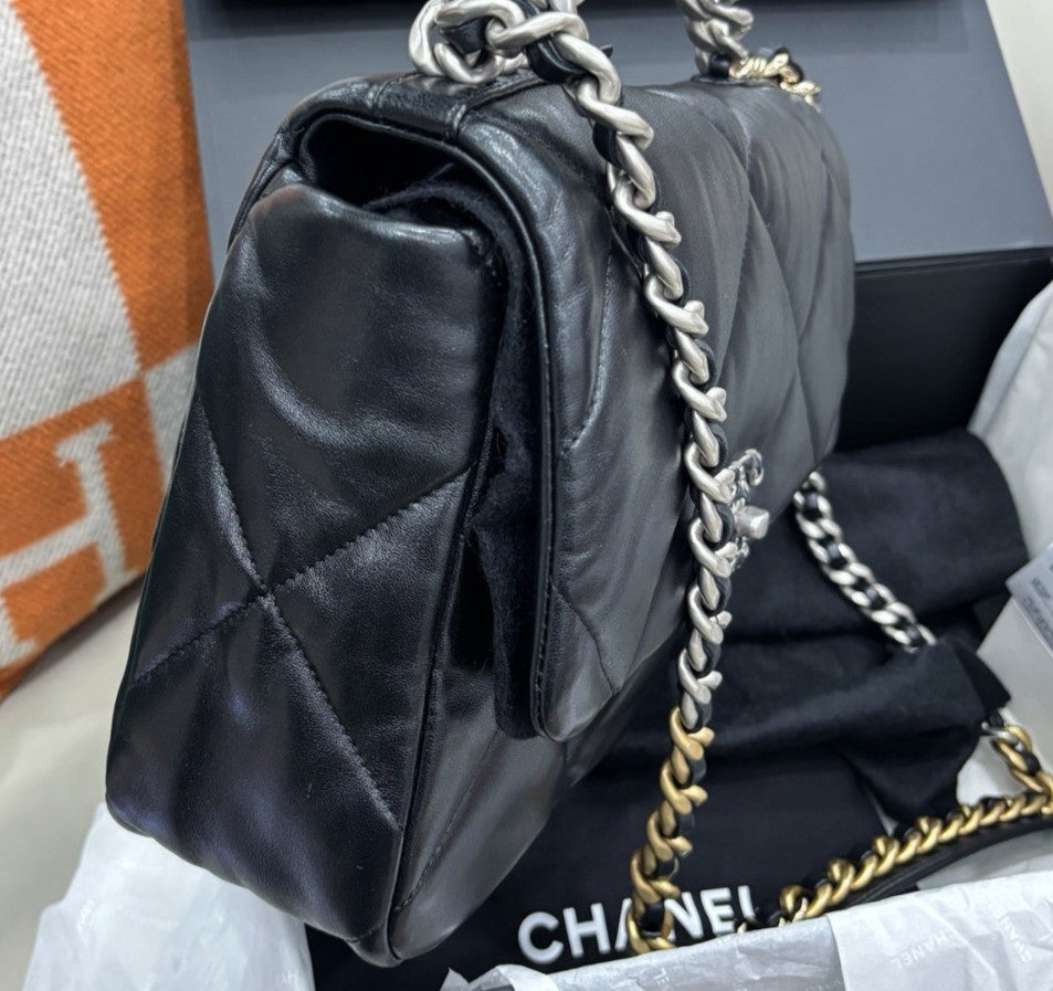 Chanel 19Bag MM Diamond Chain Shoulder Bag Black Silver Used Women Classic