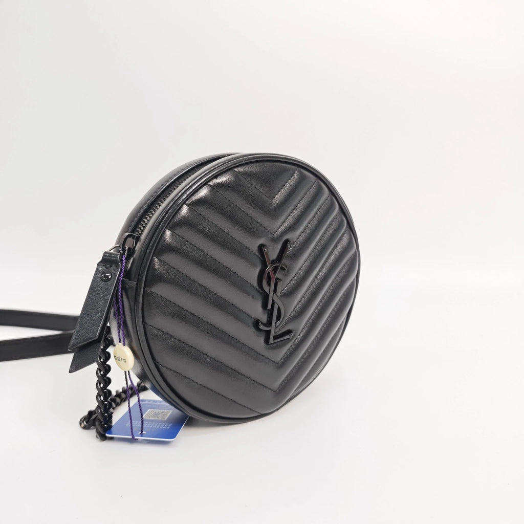 YSL Black Quilted Caviar Round Chain Crossbody Bag For Women