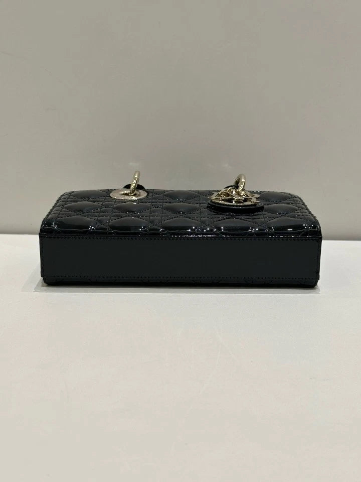 Dior D-Joy Small Black Gold Patent Leather Top Handle Bag For Women