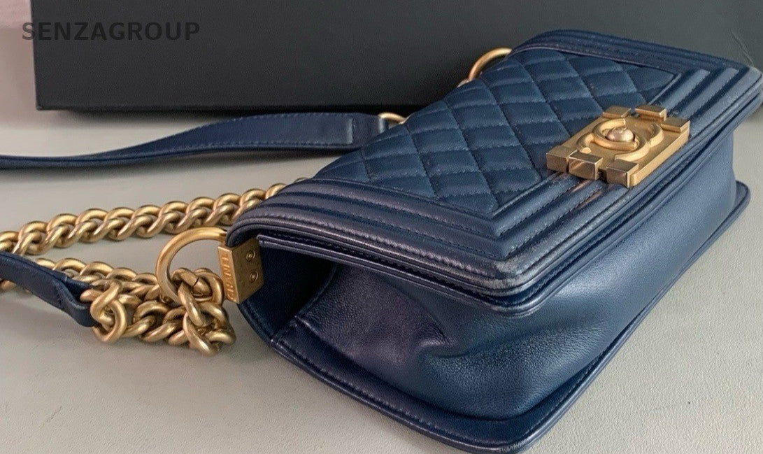 Chanel Le Boy PM Lambskin Chain Shoulder Crossbody Bag Navy Blue Women
