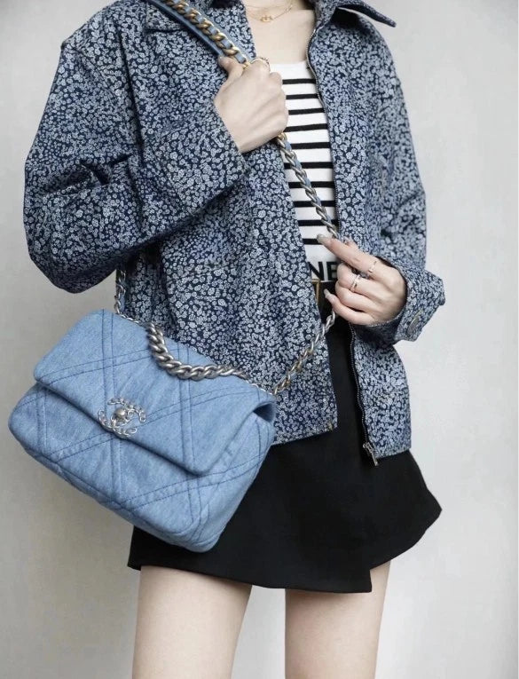 Chanel 19Bag Small Denim Silver Chain Shoulder Bag For Women