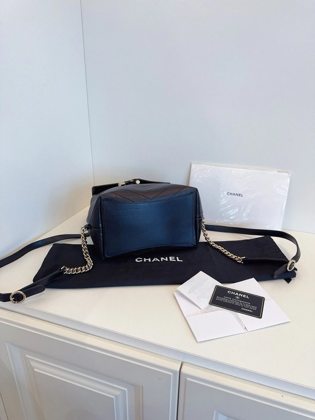 CHANEL Black Gold Calfskin V Pattern Backpack For Women