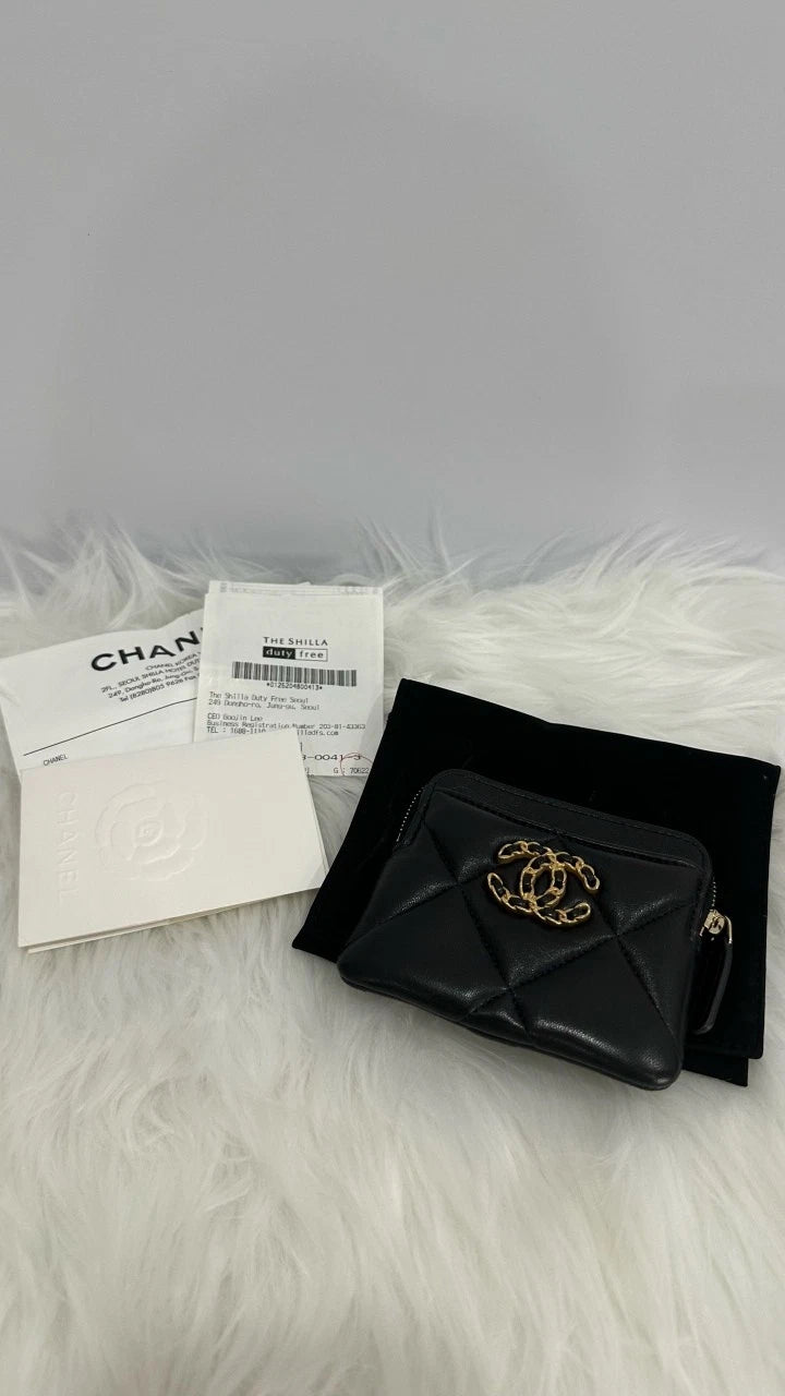 CHANEL 19 Black Gold Quilted Coin Card Holder Wallet Women