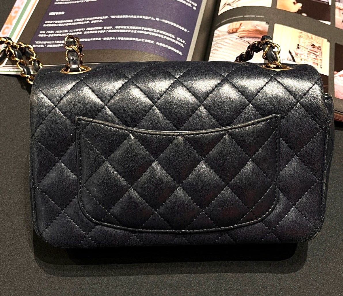 Chanel Classic Flap Mini Lambskin Chain Shoulder Bag Navy Gold Women Diamond