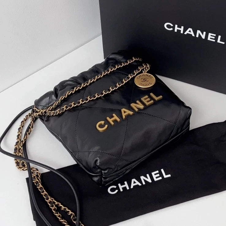 Excellent Chanel 22Bag Mini Gold Chain Black Handbag Shoulder Bag Crossbody