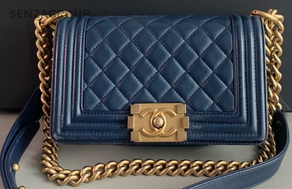 Chanel Le Boy PM Lambskin Chain Shoulder Crossbody Bag Navy Blue Women