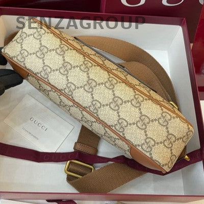 Gucci GG Emblem Canvas Shoulder Crossbody Bag Beige Gold Hardware