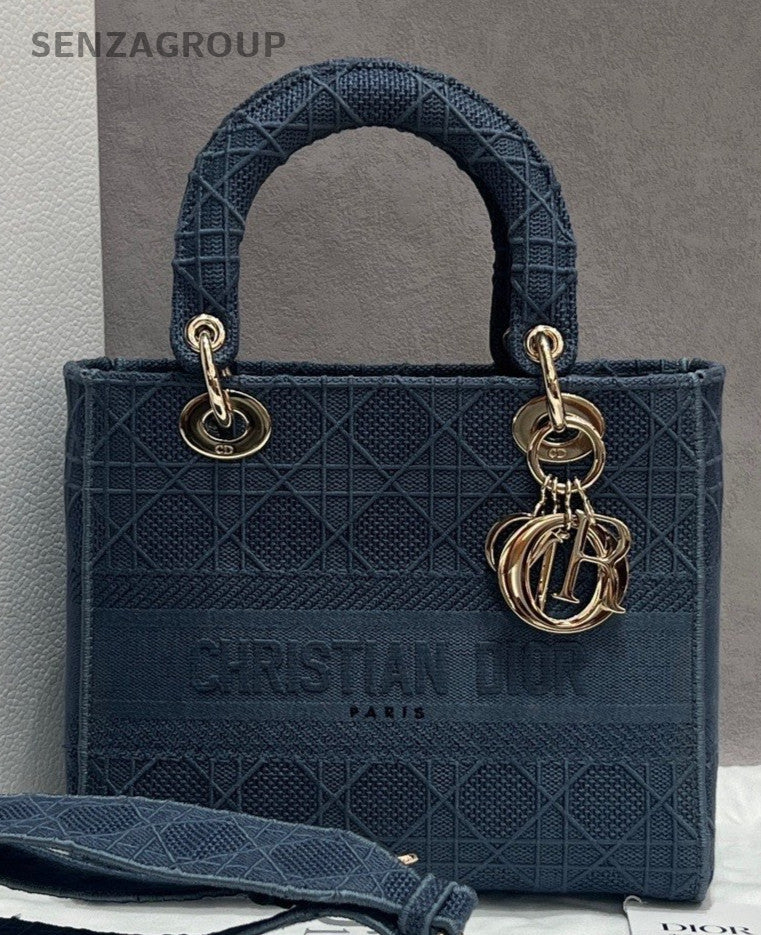 Christian Dior Lady Dior Top Handle Bag Crossbody Blue Silver Used Women Classic