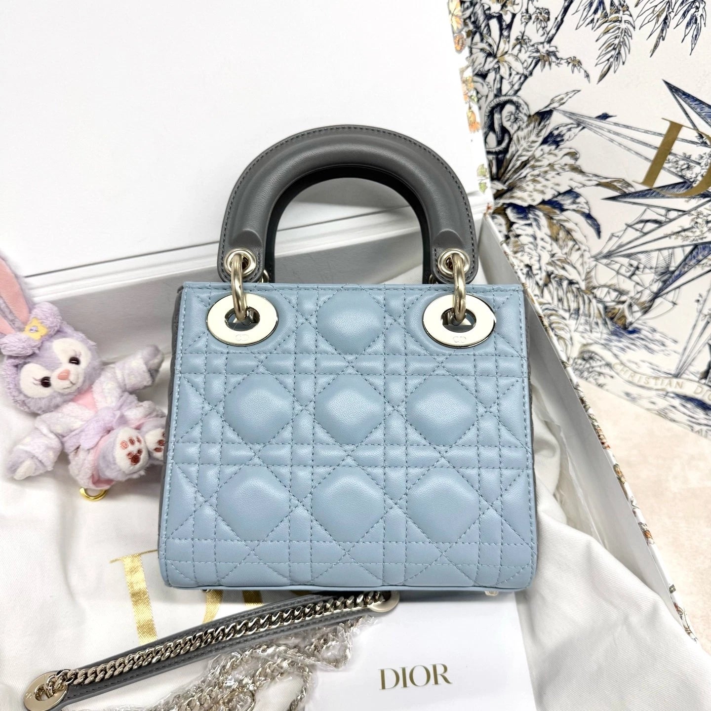 Dior Lady Dior Blue Gray Handbag Excellent