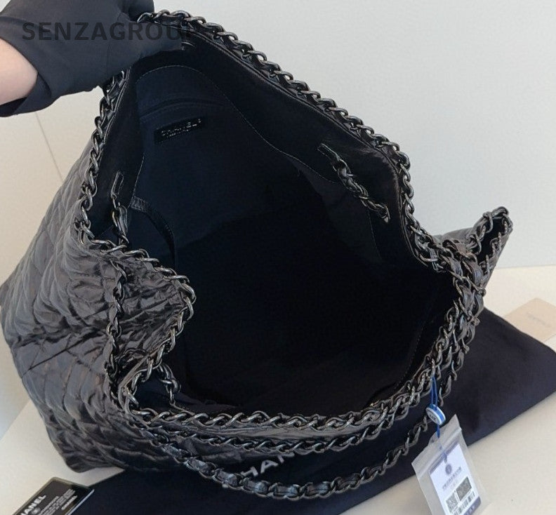 Chanel Diamond Chain Tote Handbag Shoulder Bag Black Used Women Classic