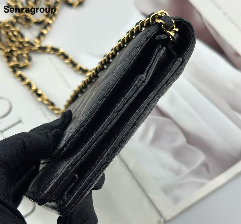 Chanel WOC Lambskin Chain Shoulder Bag Crossbody Black Gold Women Classic