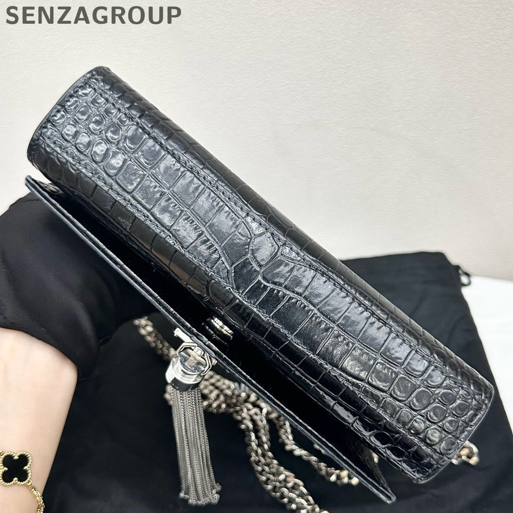 Saint Laurent YSL Black Silver Fringe Kate Small Chain Crossbody Bag