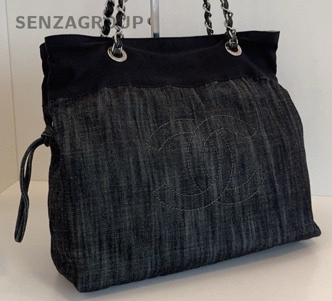 Chanel Denim Tote Chain Shoulder Bag Black Silver Used Women Classic