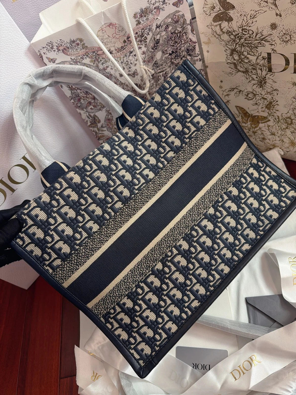Excellent Christian Dior Book Tote MM Oblique Canvas Blue Handbag Shoulder Bag