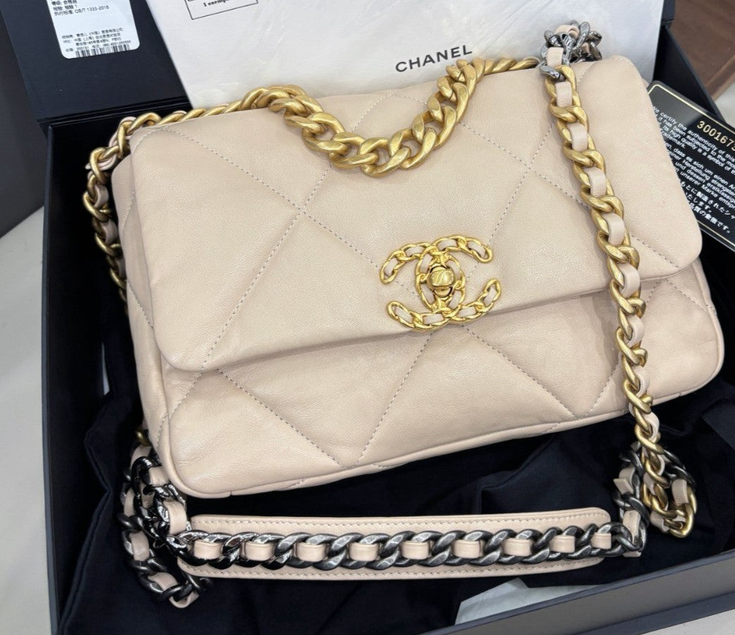 Chanel 19Bag PM Chain Shoulder Bag Crossbody Beige Gold Women Classic Fashion