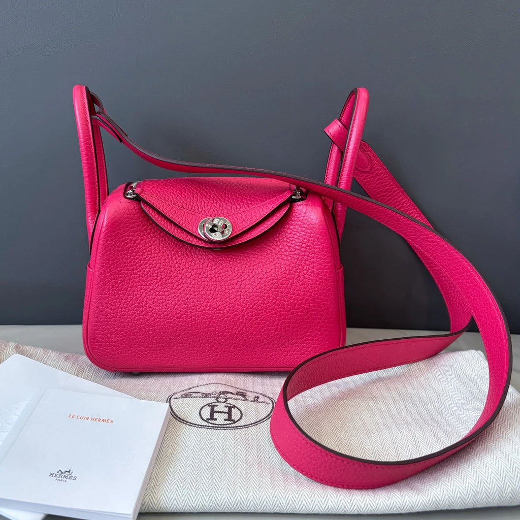 Hermes Lindy Mini TC Leather Top Handle Shoulder Bag Pink Silver Women Classic