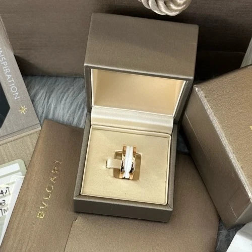 Bvlgari B.zero1 18k Rose Gold White Ceramic 2 Band Ring Eu52/us6 Excellent