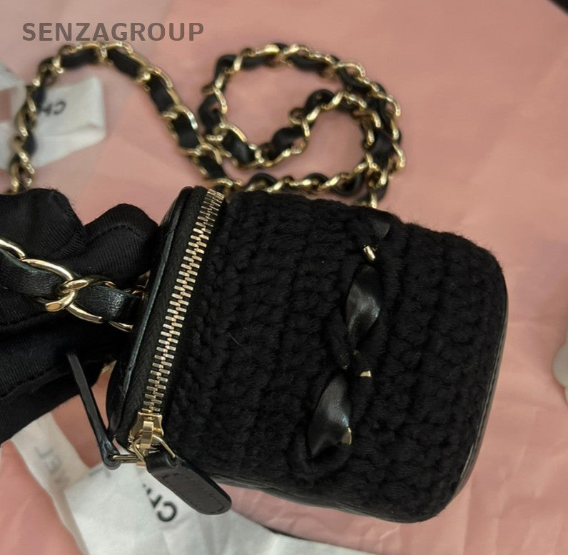 CHANEL Vanity Box mini Fur Leather Chain Shoulder bag Crossbody Women Black Gold