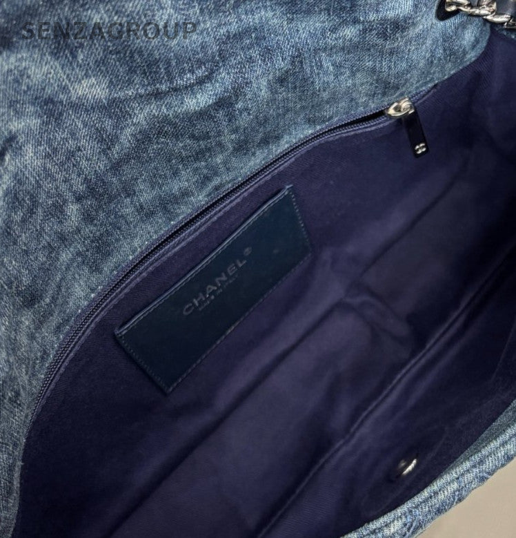 Chanel Classic Flap Denim Chain Shoulder Bag Blue Silver Women Designer
