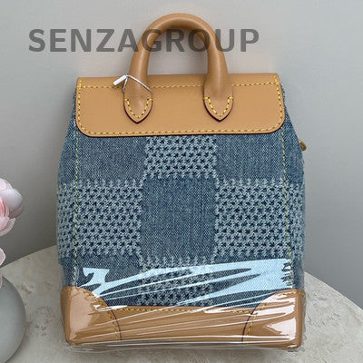 Louis Vuitton Denim Checkerboard Backpack Blue Gold Buckle Classic Fashion Women