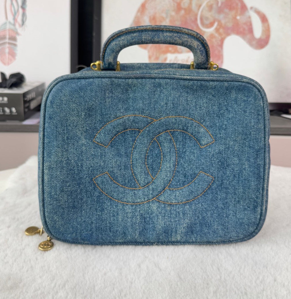 CHANEL Top Handle Make up case Denim Handbag Blue