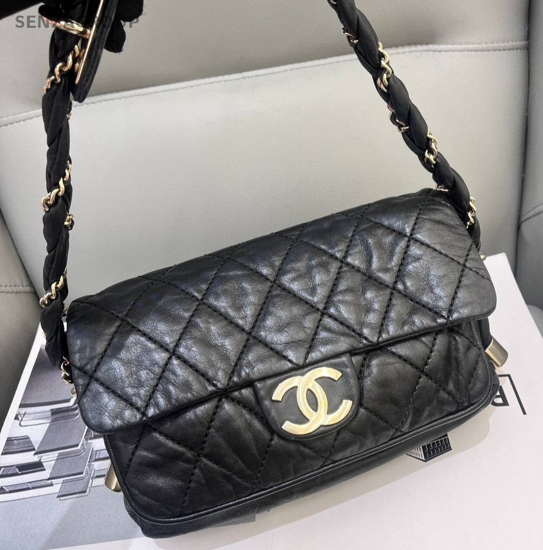 Chanel Classic Flap Diamond Black Gold Shoulder Bag Women Fashion