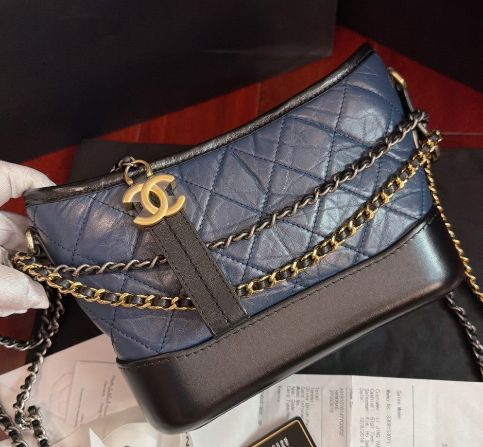 Chanel Gabrielle PM Chain Shoulder Bag Crossbody Blue Gold Women Classic Diamond