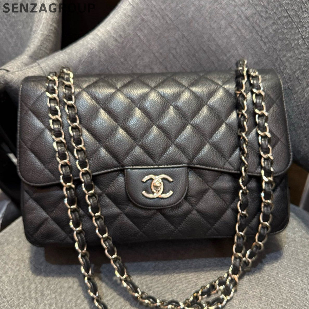 Chanel Black Silver Calfskin Jumbo Classic Flap Bag Chain Shoulder Bag