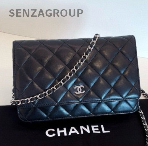 Chanel WOC Chain Lambskin Diamond Shoulder Bag Black Silver Used Women Classic