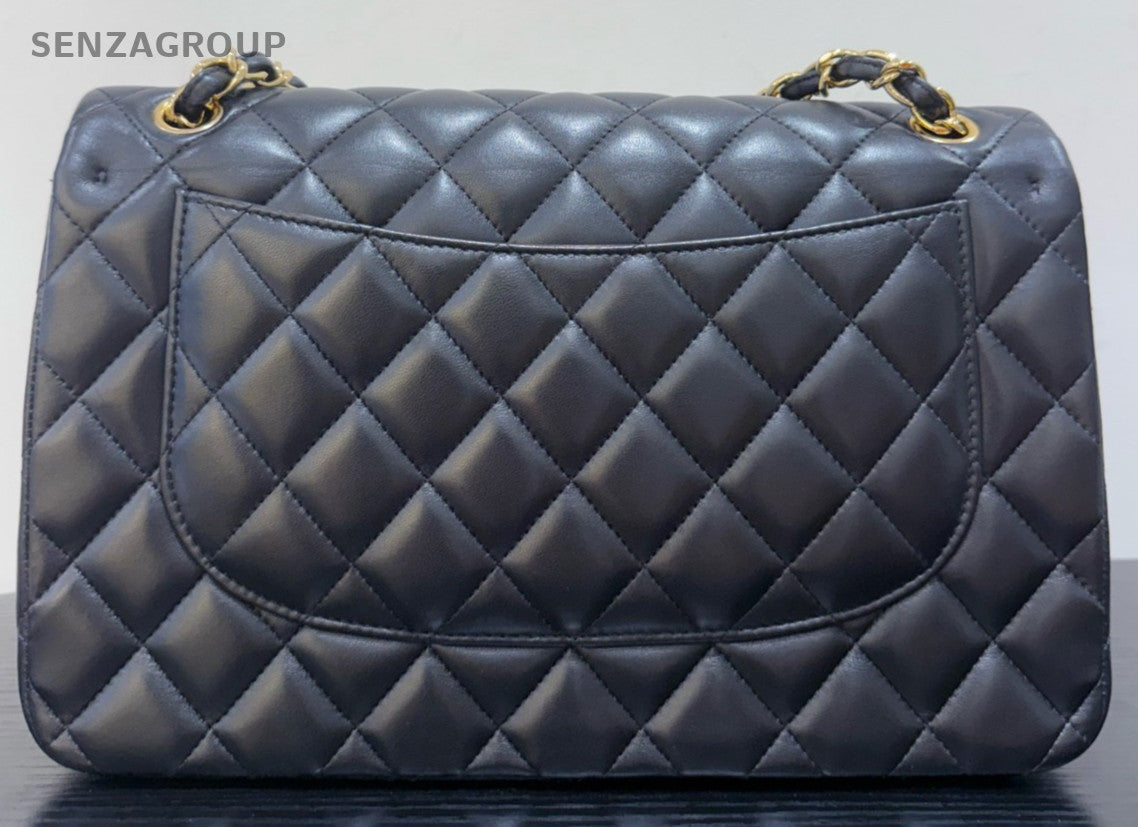 Chanel Classic Flap Jumbo Lambskin Chain Shoulder Bag Black Gold Women Diamond