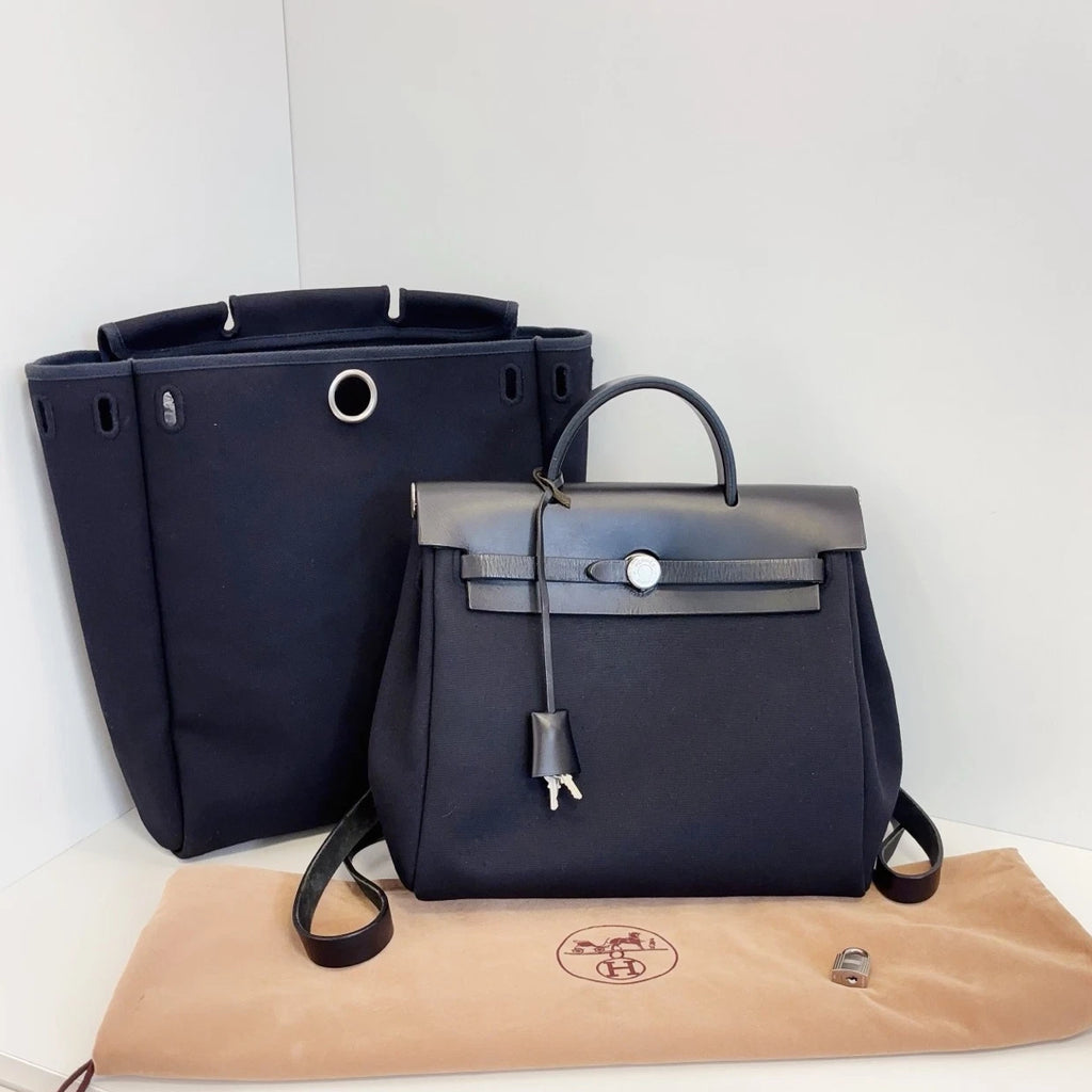Hermes Herbag Canvas Backpack Black Silver Unisex Adults Classic