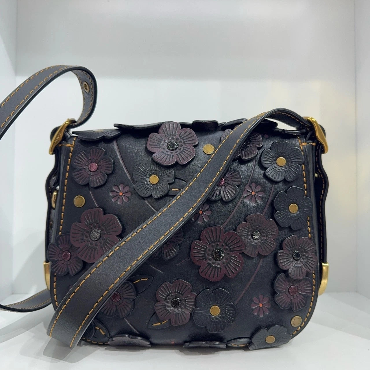 Coach Genuine Leather Camellia Limited Saddle Shoulder Crossbody Bag For Women