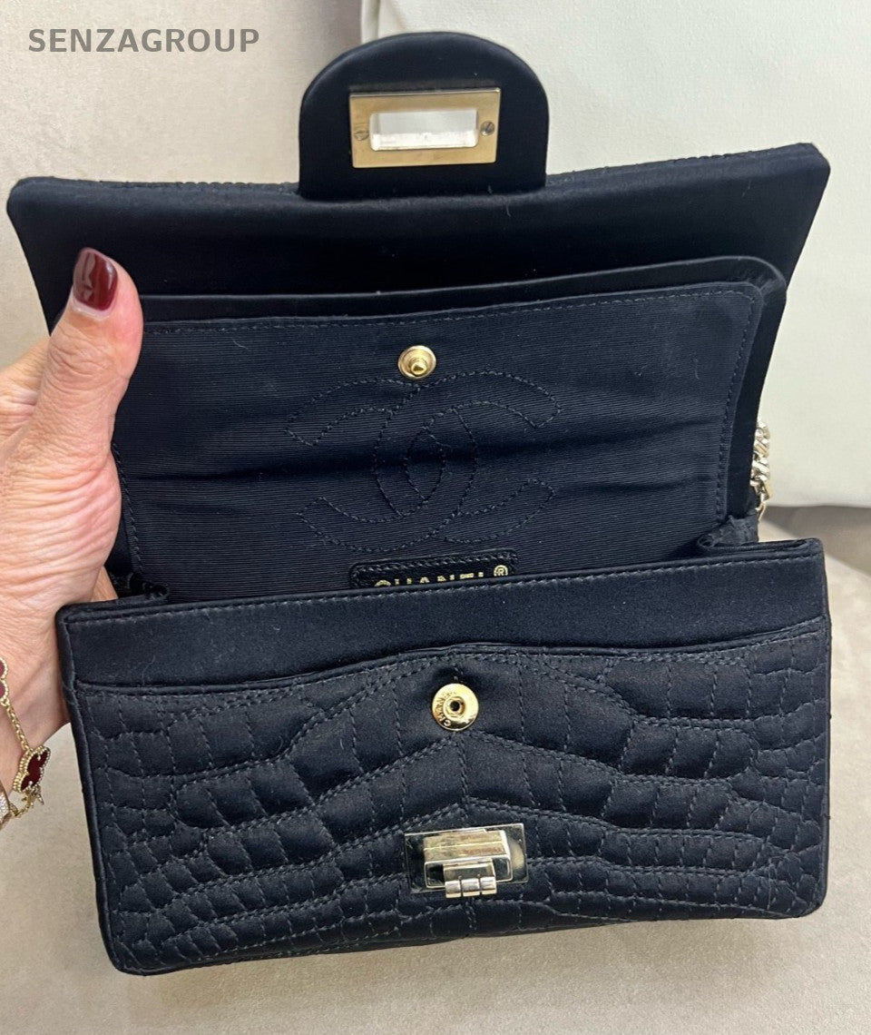 Chanel 2.55 Satin Alligator pattern Chain Shoulder bag Women Black