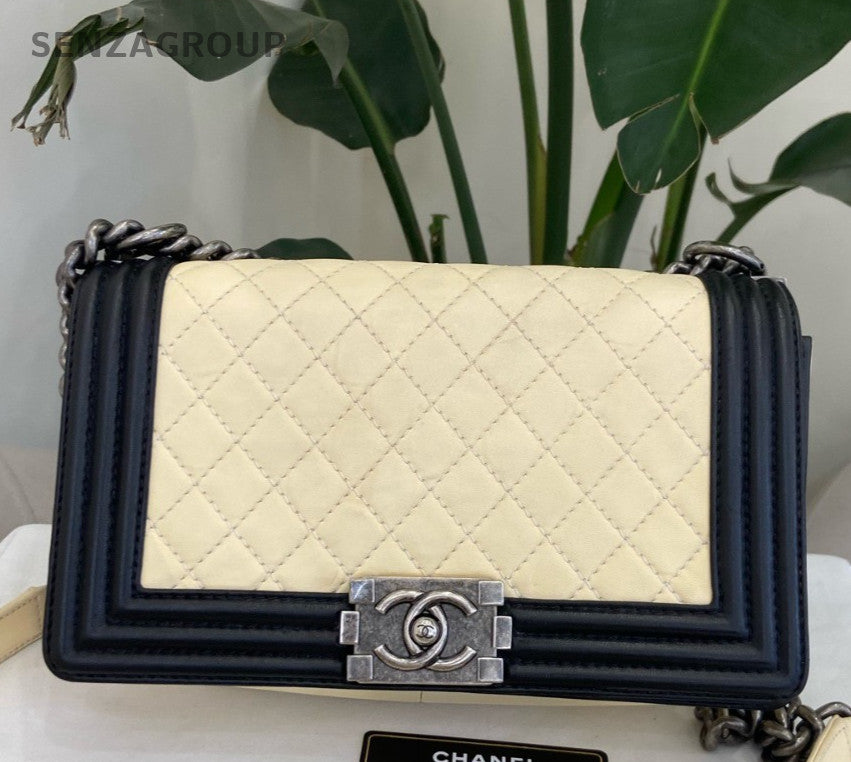 Chanel Leboy MM Chain Shoulder Bag Crossbody White Black Silver Women Classic