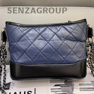 Chanel Small Black Blue Calfskin Chevron Gabrielle Hobo Bag