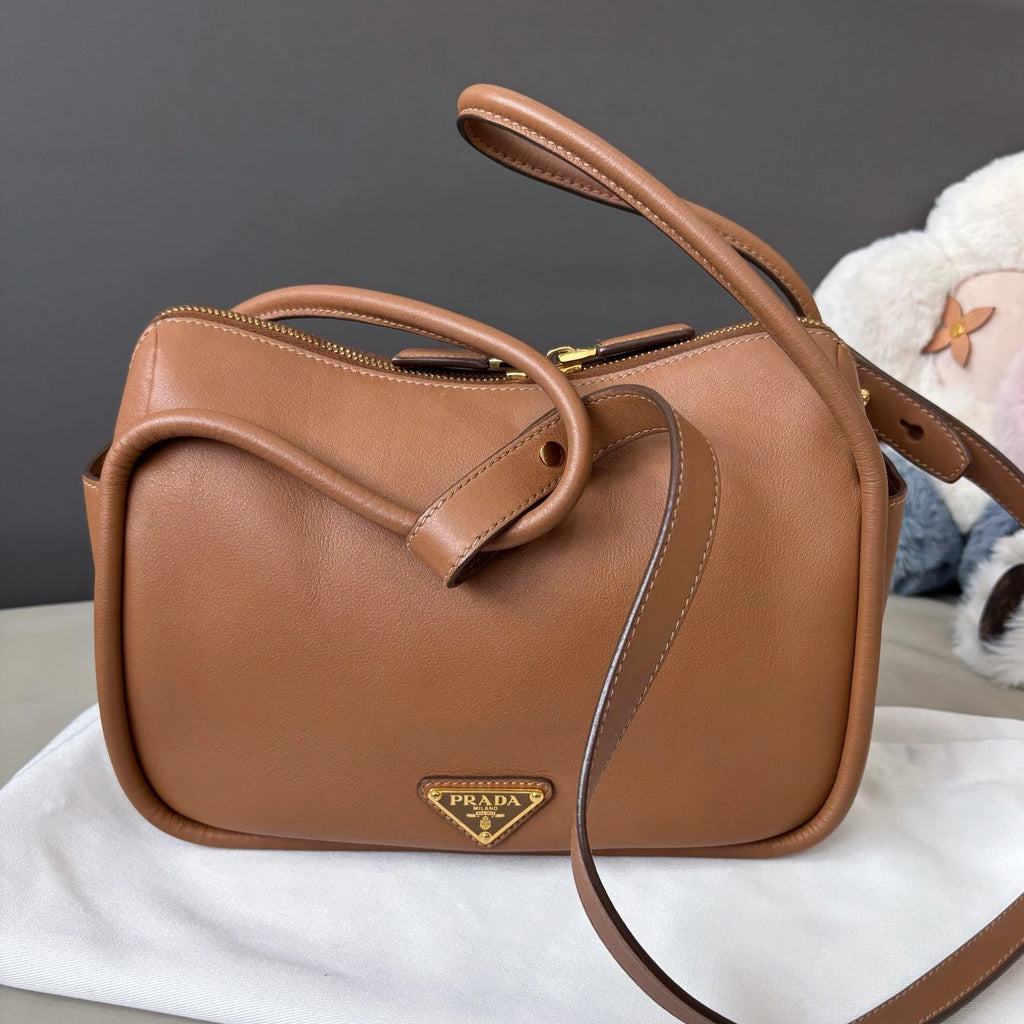 Prada Darling Calfskin 2Way Top Handle Crossbody Brown Gold Women Classic