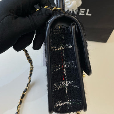 Chanel 22K Black Tweed Chain Crossbody Bag Gold Hardware Women's Fashion