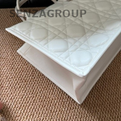 Dior Medium Leather Cannage Tote Bag in White Gold - Classic Women's Fashion