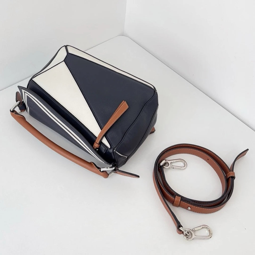 Authentic Loewe Puzzle MM Navy Top Handle Bag Crossbody Silver Hardware