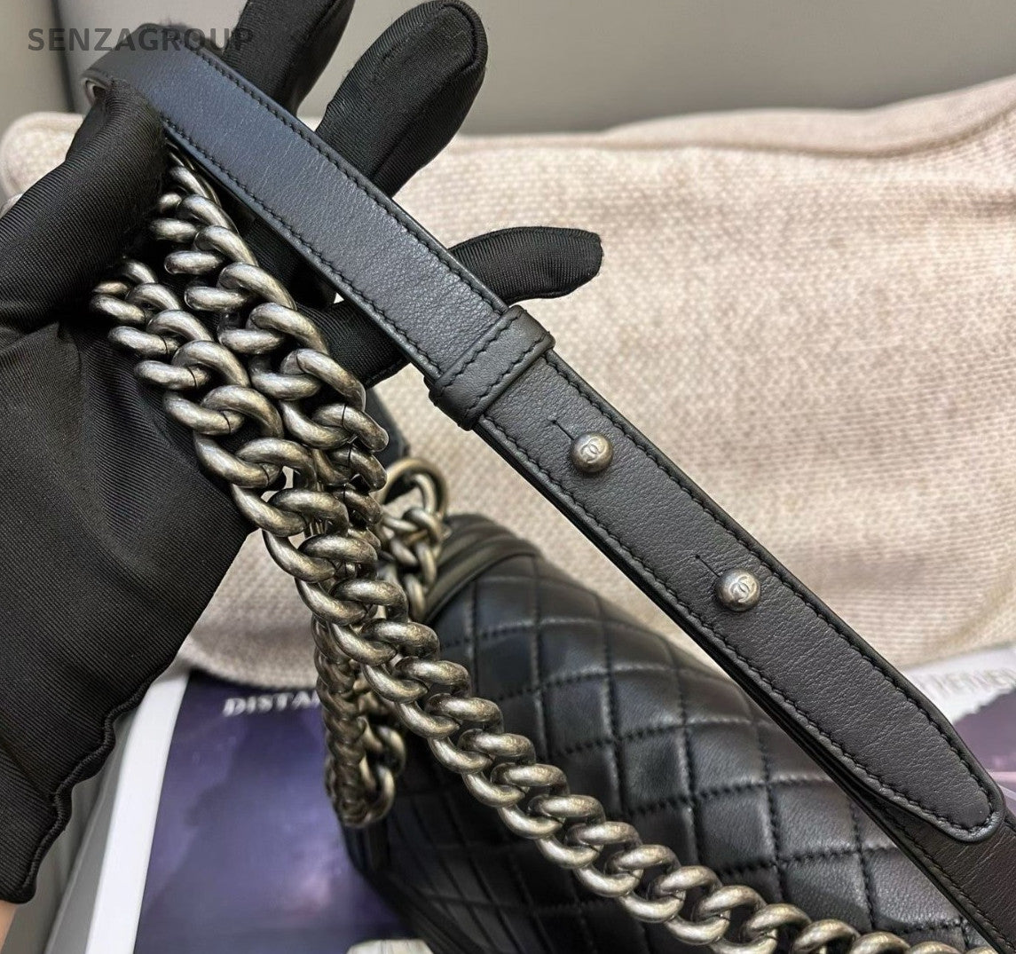 Chanel Leboy MM Calfskin Chain Crossbody Shoulder Bag Women Black Silver Diamond