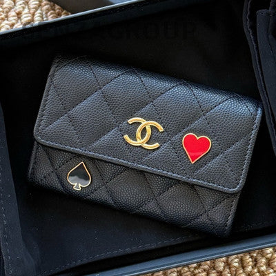 Chanel Black Gold Quilted Card Holder Clutch Classic Women's