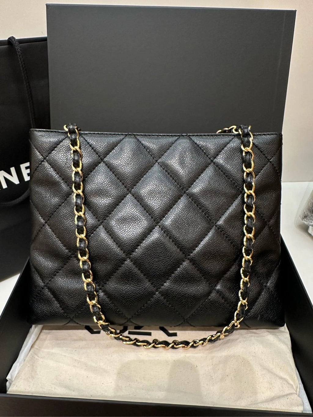 CHANEL Black Caviar Leather Messenger Chain Bag For Women