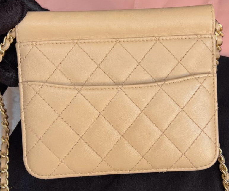 Chanel Calfskin Mini Chain Shoulder Bag Crossbody Brown Gold Women Classic