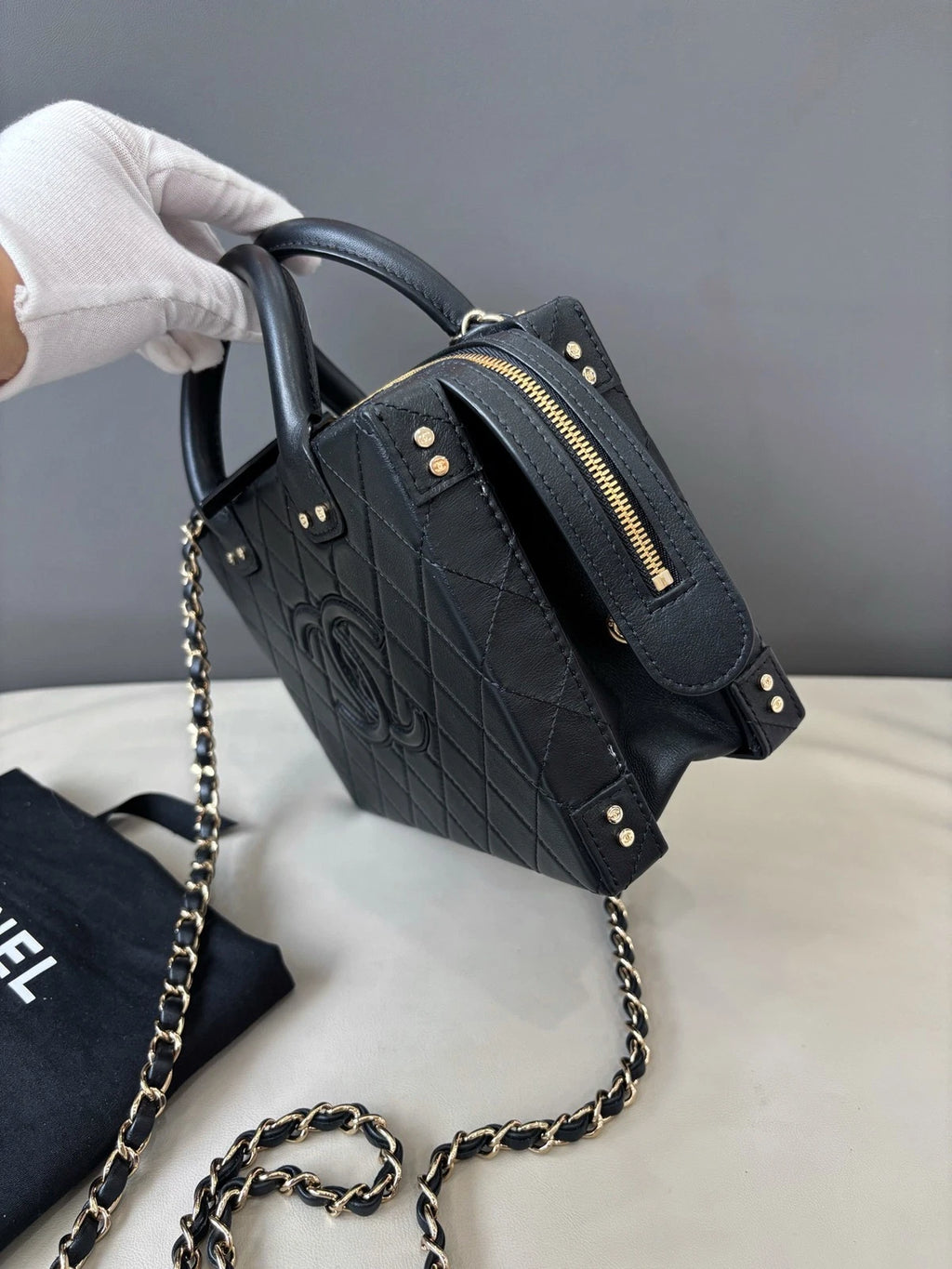 Chanel Cosmetic Case Box Bag Crossbody Handbag Daily Use Black Gold