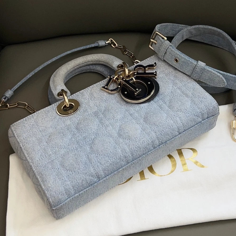 Excellent Christian Dior D-Joy PM Denim Blue Handbag Crossbody Gold Hardware